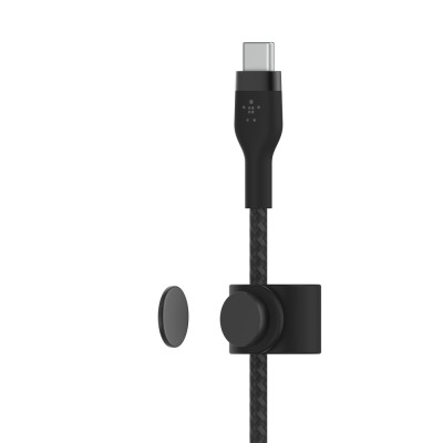 Кабель USB-C > Lightning заряджання/синхронізації Belkin 1м, Type-C, плетений, силіконовий, з ремінцем на магніті, чорний (CAA01