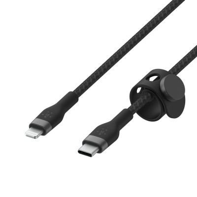 Кабель USB-C > Lightning заряджання/синхронізації Belkin 1м, Type-C, плетений, силіконовий, з ремінцем на магніті, чорний (CAA01