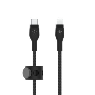 Кабель USB-C > Lightning заряджання/синхронізації Belkin 1м, Type-C, плетений, силіконовий, з ремінцем на магніті, чорний (CAA01