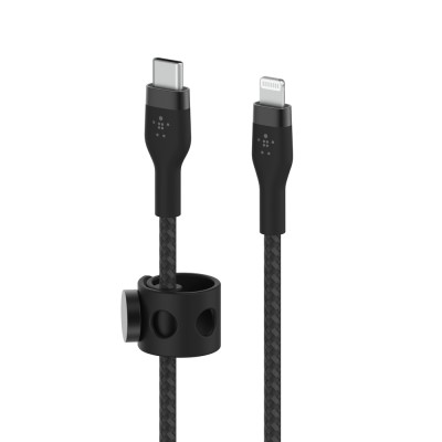 Кабель USB-C > Lightning заряджання/синхронізації Belkin 1м, Type-C, плетений, силіконовий, з ремінцем на магніті, чорний (CAA01