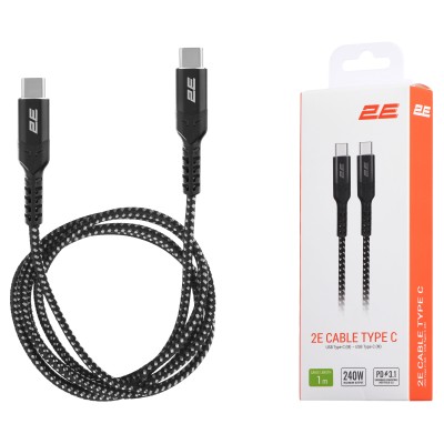 Кабель USB-C > USB-C заряджання/синхронізації 2E 1м, 240Вт Type-C, плетений, чорний (2E-CCCCAL-WH) Кабель USB-C > USB-C заряджання/синхронізації 2E 1м, 240Вт Type-C, плетений, чорний (2E-CCCCAL-WH)