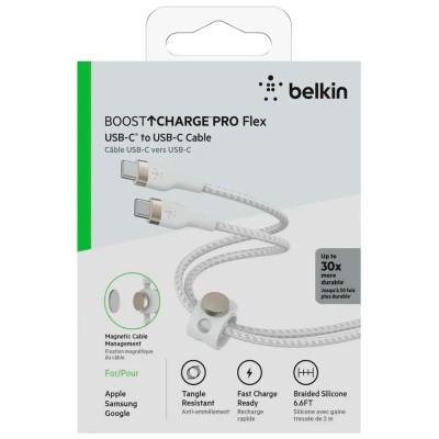 Кабель USB-C > USB-C заряджання/синхронізації Belkin 2м, 60Вт, Type-C, плетений, силіконовий, з ремінцем на магніті, білий (CAB0 Кабель USB-C > USB-C заряджання/синхронізації Belkin 2м, 60Вт, Type-C, плетений, силіконовий, з ремінцем на магніті, білий (CAB0