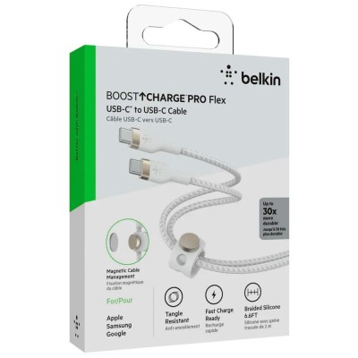 Кабель USB-C > USB-C заряджання/синхронізації Belkin 2м, 60Вт, Type-C, плетений, силіконовий, з ремінцем на магніті, білий (CAB0 Кабель USB-C > USB-C заряджання/синхронізації Belkin 2м, 60Вт, Type-C, плетений, силіконовий, з ремінцем на магніті, білий (CAB0
