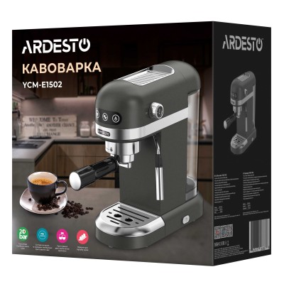 Кавоварка Ardesto ріжкова 1.4л, мелена, ручний капучинатор, підігрів чашок, чорний (YCM-E1502) Кавоварка Ardesto ріжкова 1.4л, мелена, ручний капучинатор, підігрів чашок, чорний (YCM-E1502)