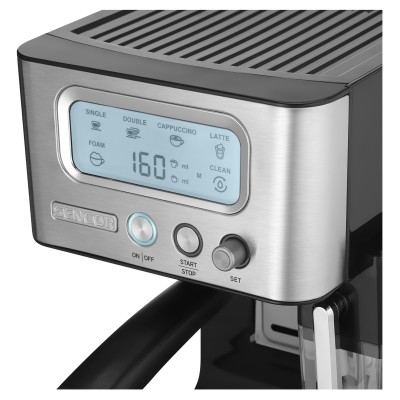 Кавоварка Sencor ріжкова 1.4л, мелена, автоматичний капучинатор, LCD-дисплей, нерж. сталь-чорний (SES4090SS) Кавоварка Sencor ріжкова 1.4л, мелена, автоматичний капучинатор, LCD-дисплей, нерж. сталь-чорний (SES4090SS)