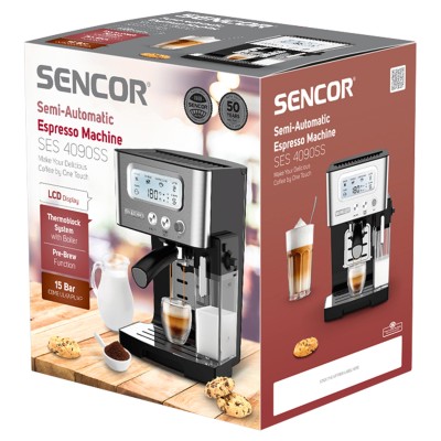 Кавоварка Sencor ріжкова 1.4л, мелена, автоматичний капучинатор, LCD-дисплей, нерж. сталь-чорний (SES4090SS) Кавоварка Sencor ріжкова 1.4л, мелена, автоматичний капучинатор, LCD-дисплей, нерж. сталь-чорний (SES4090SS)