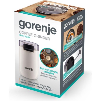 Кавомолка Gorenje роторна 150Вт, об'єм зерен-45г, 3 ступеня помолу, пластик/метал, білий (SMK150SW)
