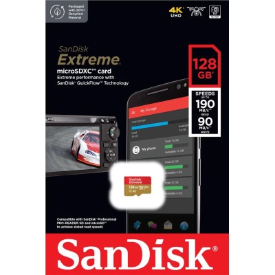 Карта пам'яті SanDisk microSD 128GB C10 UHS-I U3 R190/W90MB/s Extreme V30 (SDSQXAA-128G-GN6MN) Карта пам'яті SanDisk microSD 128GB C10 UHS-I U3 R190/W90MB/s Extreme V30 (SDSQXAA-128G-GN6MN)