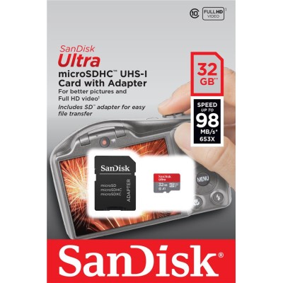 Карта пам'яті SanDisk microSD 32GB C10 UHS-I R100MB/s Ultra + SD (SDSQUNR-032G-GN3MA) Карта пам'яті SanDisk microSD 32GB C10 UHS-I R100MB/s Ultra + SD (SDSQUNR-032G-GN3MA)