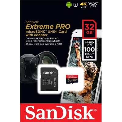 Карта пам'яті SanDisk microSD 32GB C10 UHS-I U3 R100/W90MB/s Extreme Pro V30 + SD (SDSQXCG-032G-GN6MA) Карта пам'яті SanDisk microSD 32GB C10 UHS-I U3 R100/W90MB/s Extreme Pro V30 + SD (SDSQXCG-032G-GN6MA)