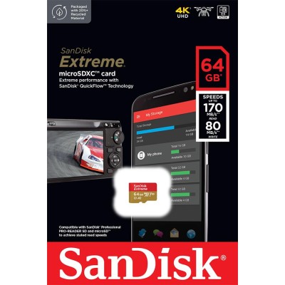 Карта пам'яті SanDisk microSD 64GB C10 UHS-I U3 R170/W80MB/s Extreme V30 (SDSQXAH-064G-GN6MN) Карта пам'яті SanDisk microSD 64GB C10 UHS-I U3 R170/W80MB/s Extreme V30 (SDSQXAH-064G-GN6MN)