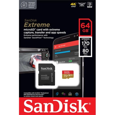 Карта пам'яті SanDisk microSD 64GB C10 UHS-I U3 R170/W80MB/s Extreme V30 + SD (SDSQXAH-064G-GN6MA) Карта пам'яті SanDisk microSD 64GB C10 UHS-I U3 R170/W80MB/s Extreme V30 + SD (SDSQXAH-064G-GN6MA)
