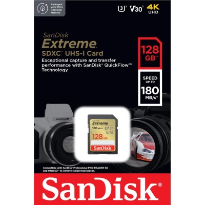 Карта пам'яті SanDisk SD 128GB C10 UHS-I U3 R180/W90MB/s Extreme V30 (SDSDXVA-128G-GNCIN) Карта пам'яті SanDisk SD 128GB C10 UHS-I U3 R180/W90MB/s Extreme V30 (SDSDXVA-128G-GNCIN)