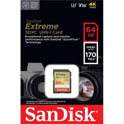 Карта пам'яті SanDisk SD 64GB C10 UHS-I U3 R170/W80MB/s Extreme V30 (SDSDXV2-064G-GNCIN) Карта пам'яті SanDisk SD 64GB C10 UHS-I U3 R170/W80MB/s Extreme V30 (SDSDXV2-064G-GNCIN)