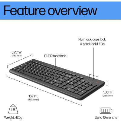 Клавіатура мембранна HP 220, 104key, WL, EN/UK, чорний (805T2AA) Клавіатура мембранна HP 220, 104key, WL, EN/UK, чорний (805T2AA)