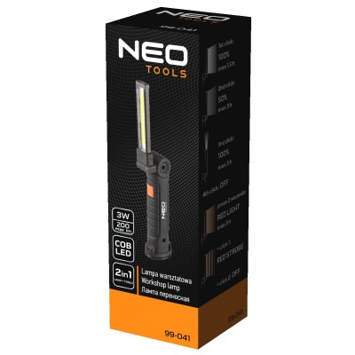 Ліхтар інспекційний акумуляторний Neo Tools, 1200мА•год, 200лм, 3Вт, 2в1, лампа+ліхтар, складається, 5 функцій освітлення, черво Ліхтар інспекційний акумуляторний Neo Tools, 1200мА•год, 200лм, 3Вт, 2в1, лампа+ліхтар, складається, 5 функцій освітлення, черво