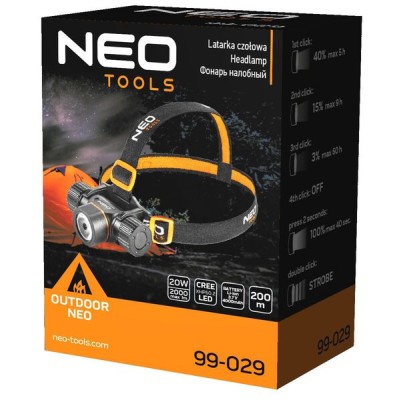 Ліхтар налобний акумулятор/батарейки Neo Tools, 4000мА•год або ААх3, 2000лм, 20Вт, 5 функцій освітлення, IPX4 (99-029)