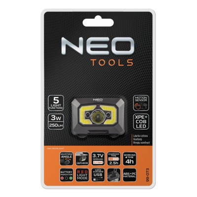 Ліхтар налобний акумуляторний Neo Tools, 1200мА•год, 250лм, 3Вт, 5 функцій освітлення, червоне світло, датчик руху, індикатор за Ліхтар налобний акумуляторний Neo Tools, 1200мА•год, 250лм, 3Вт, 5 функцій освітлення, червоне світло, датчик руху, індикатор за