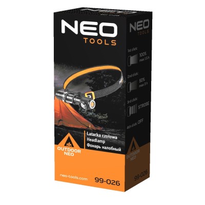 Ліхтар налобний акумуляторний Neo Tools, 1200мА•год, 800лм, 10Вт, 3 функції освітлення, IP20 (99-026) Ліхтар налобний акумуляторний Neo Tools, 1200мА•год, 800лм, 10Вт, 3 функції освітлення, IP20 (99-026)