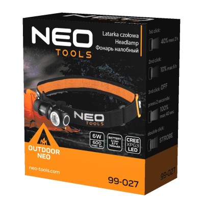 Ліхтар налобний акумуляторний Neo Tools, 700мА•год, 600лм, 6Вт, 4 функції освітлення, IPX4 (99-027) Ліхтар налобний акумуляторний Neo Tools, 700мА•год, 600лм, 6Вт, 4 функції освітлення, IPX4 (99-027)