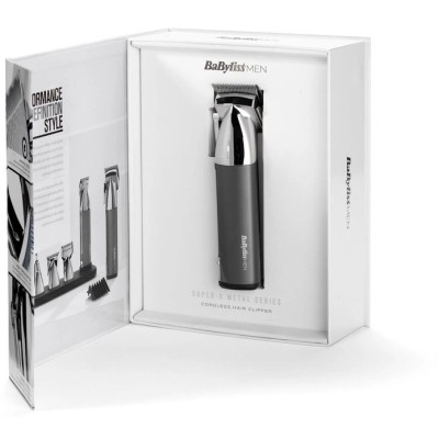 Машинка для стриження Babyliss, мережа+акум., вібраційний мотор, насадок-10, кейс, чохол, гребінець у компл., сталь, сірий (E996 Машинка для стриження Babyliss, мережа+акум., вібраційний мотор, насадок-10, кейс, чохол, гребінець у компл., сталь, сірий (E996
