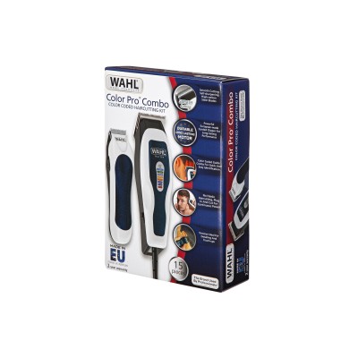 Машинка для стрижки WAHL ColorPro Combo, від мережі, вібраційний мотор, насадок-8, кейс, міні триммер у компл., сталь, біло-сині Машинка для стрижки WAHL ColorPro Combo, від мережі, вібраційний мотор, насадок-8, кейс, міні триммер у компл., сталь, біло-сині