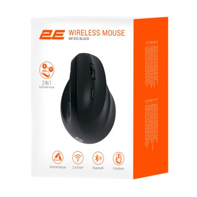 Миша 2E MF325 Silent, WL/BT, вертикальна, чорний (2E-MF325WBK) Миша 2E MF325 Silent, WL/BT, вертикальна, чорний (2E-MF325WBK)