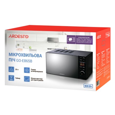 Мікрохвильова піч ARDESTO, 20л, електр.керув., 800Вт, дисплей, відкр.кнопкою, без поворот.стола, чорний (GO-E865B) Мікрохвильова піч ARDESTO, 20л, електр.керув., 800Вт, дисплей, відкр.кнопкою, без поворот.стола, чорний (GO-E865B)