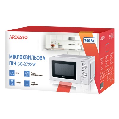 Мікрохвильова піч ARDESTO, 20л, мех.керув., 700Вт, відкр.кнопкою, білий (GO-S723W) Мікрохвильова піч ARDESTO, 20л, мех.керув., 700Вт, відкр.кнопкою, білий (GO-S723W)