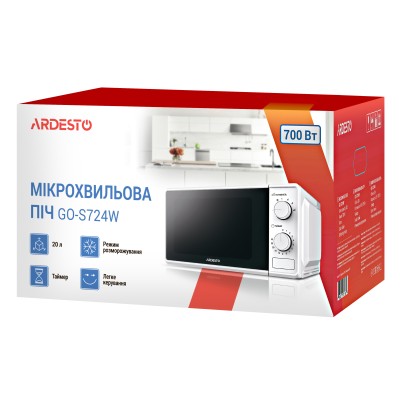 Мікрохвильова піч ARDESTO, 20л, мех.керув., 700Вт, відкр.кнопкою, білий (GO-S724W) Мікрохвильова піч ARDESTO, 20л, мех.керув., 700Вт, відкр.кнопкою, білий (GO-S724W)