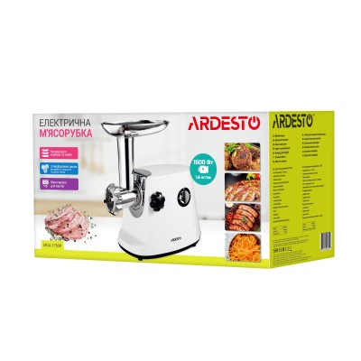 М'ясорубка Ardesto, 1600Вт, 1.6кг/хв, 3 решітки, насадка для ковбас, кеббе, 3 терки, пластик, біло-сріблястий (MGA-1750R)