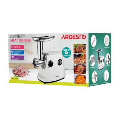 М'ясорубка Ardesto, 1600Вт, 1.6кг/хв, 3 решітки, насадка для ковбас, кеббе, 3 терки, пластик, біло-сріблястий (MGA-1750R)