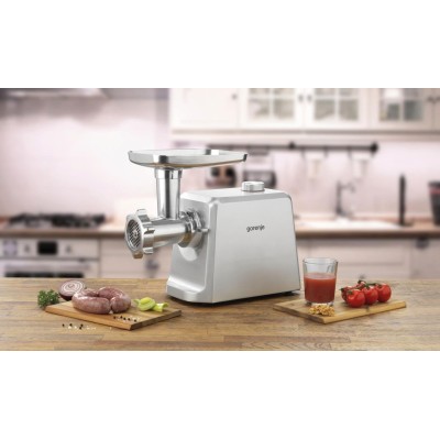 М'ясорубка Gorenje, 2500Вт, 2.4кг/хв, 3 решітки, насадка для ковбас, кеббе, томатів, 3 терки, пластик/метал, білий (MG2502SJX)