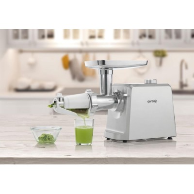 М'ясорубка Gorenje, 2500Вт, 2.4кг/хв, 3 решітки, насадка для ковбас, кеббе, томатів, 3 терки, пластик/метал, білий (MG2502SJX)