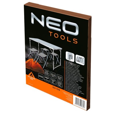 Набір стіл та стільці розкладні Neo Tools, стіл 60х120х60см, 4 стільці 36х34Х27см, 6.9кг Набір стіл та стільці розкладні Neo Tools, стіл 60х120х60см, 4 стільці 36х34Х27см, 6.9кг