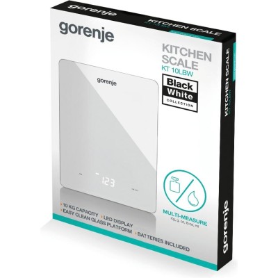 Ваги Gorenje кухонні, 10кг, AAAx3 в комплекті, дисплей, скло, білий (KT10LBW) Ваги Gorenje кухонні, 10кг, AAAx3 в комплекті, дисплей, скло, білий (KT10LBW)