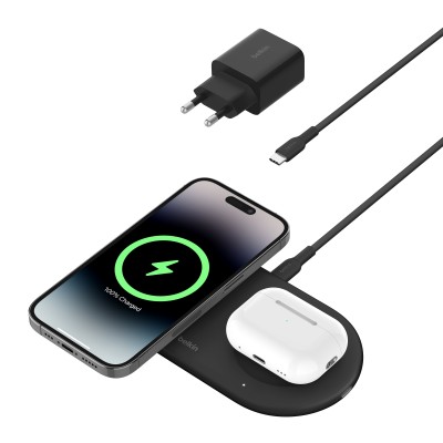 Зарядний пристрій бездротовий Belkin 2в1 15Вт Pad Qi2, чорний (WIZ021VFBK)