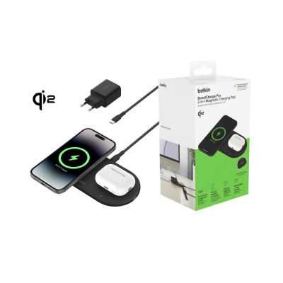 Зарядний пристрій бездротовий Belkin 2в1 15Вт Pad Qi2, чорний (WIZ021VFBK)