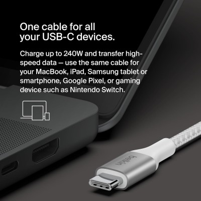 Кабель USB-C > USB-C заряджання/синхронізації Belkin 2м, 240Вт, Type-C, плетений, білий (CAB015BT2MWH) Кабель USB-C > USB-C заряджання/синхронізації Belkin 2м, 240Вт, Type-C, плетений, білий (CAB015BT2MWH)
