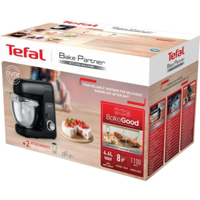 Кухонна машина Tefal Bake Partner 1100Вт, чаша-метал, корпус-пластик, насадок-6, чорний (QB522838)