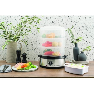 Пароварка Russell Hobbs Cook&Home 800Вт, чаша-3/3/3л, резервуар для води -1л, механічне керування, 3 яруси, метал/пластик, чорни Пароварка Russell Hobbs Cook&Home 800Вт, чаша-3/3/3л, резервуар для води -1л, механічне керування, 3 яруси, метал/пластик, чорни