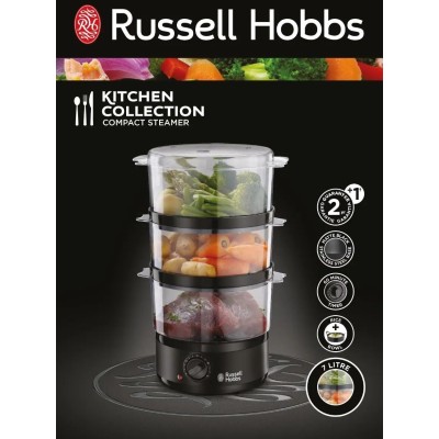 Пароварка Russell Hobbs Kitchen Collection 400Вт, чаша-2.3/3.3л, резервуар для води -0.5л, механічне керування, 3 яруси, пластик Пароварка Russell Hobbs Kitchen Collection 400Вт, чаша-2.3/3.3л, резервуар для води -0.5л, механічне керування, 3 яруси, пластик