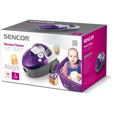 Пилосос Sencor контейнерний Allegro, 890Вт, конт пил -1.5л, НЕРА, фіолетово-сірий (SVC512VT-EUE2) Пилосос Sencor контейнерний Allegro, 890Вт, конт пил -1.5л, НЕРА, фіолетово-сірий (SVC512VT-EUE2)