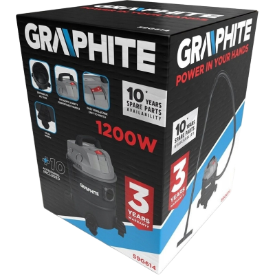 Пилосос професійний GRAPHITE, 1200Вт, 18кПа, контейнер 20л, розетка 220В/1200В, колеса (59G614) Пилосос професійний GRAPHITE, 1200Вт, 18кПа, контейнер 20л, розетка 220В/1200В, колеса (59G614)
