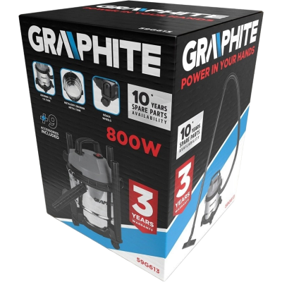 Пилосос професійний GRAPHITE, 800Вт, 12кПа, контейнер 12л, розетка 220В/800В, колеса (59G613)