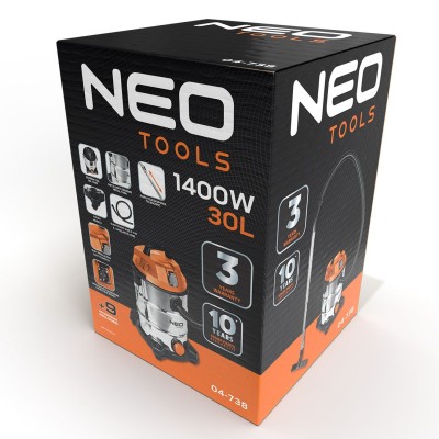 Пилосос професійний Neo Tools, 1400Вт, 18 кПа, контейнер 30л, HEPA, колеса, 5.92кг (04-738) Пилосос професійний Neo Tools, 1400Вт, 18 кПа, контейнер 30л, HEPA, колеса, 5.92кг (04-738)