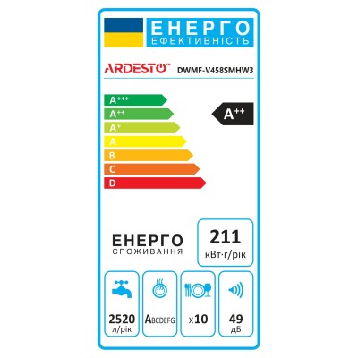 Посудомийна машина ARDESTO, 10компл., А++, 45см, дисплей, 3й кошик, гігієн.обробка, білий (DWMF-V458SMHW3) Посудомийна машина ARDESTO, 10компл., А++, 45см, дисплей, 3й кошик, гігієн.обробка, білий (DWMF-V458SMHW3)