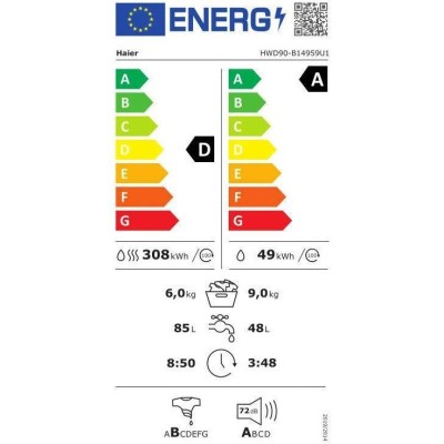 Прально-сушильна машина Haier фронтальна, 9(6)кг, 1400, A, 60см, дисплей, пара, інвертор, люк чорний, прямий привід, білий (HWD9 Прально-сушильна машина Haier фронтальна, 9(6)кг, 1400, A, 60см, дисплей, пара, інвертор, люк чорний, прямий привід, білий (HWD9