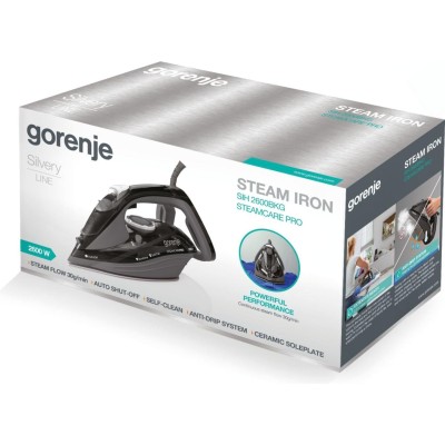 Праска Gorenje, 2600Вт, 350мл, паровий удар 95гр, верт. відпарювання, антинакип, автовідключення, керам. підошва, сіро-чорний (S Праска Gorenje, 2600Вт, 350мл, паровий удар 95гр, верт. відпарювання, антинакип, автовідключення, керам. підошва, сіро-чорний (S