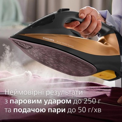 Праска Philips 7000 Series, 2800Вт, 300мл, паровий удар -250гр, постійна пара - 50гр, нерж. сталь, чорно-золотий (DST7040/80) Праска Philips 7000 Series, 2800Вт, 300мл, паровий удар -250гр, постійна пара - 50гр, нерж. сталь, чорно-золотий (DST7040/80)